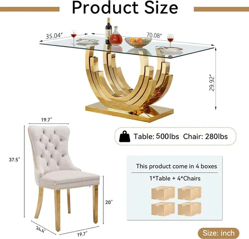 Vista 4 de Juego de mesa de comedor de cristal dorado de 5 piezas, 70 pulgadas, rectangular, moderna, para cocina y comedor, mesa de comedor para 4, mesa