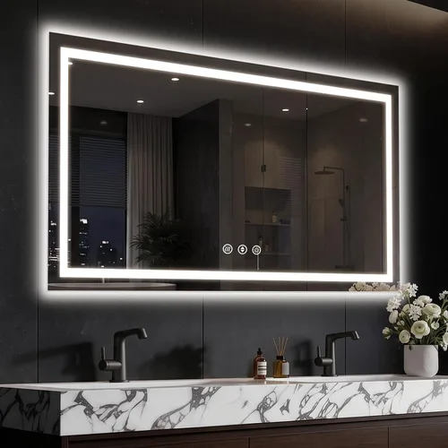 Vista 10 de Espejo de baño LED de 16 x 24 pulgadas con luces, antiniebla, retroiluminado + luz frontal, espejo de tocador de baño iluminado para pared, función