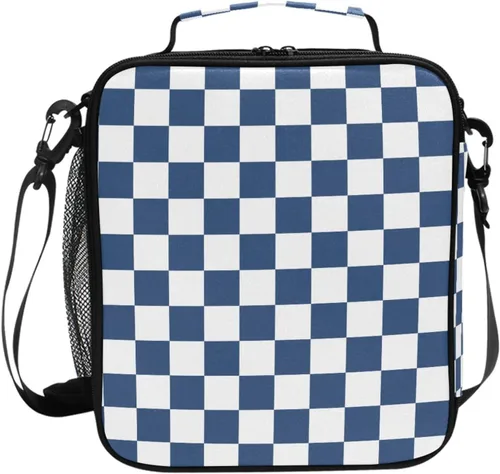 Vista 12 de Lonchera con patrón de cuadros blancos y negros, bolsa de almuerzo aislada, bolsa de preparación para niños, correa de hombro congelable a001