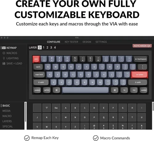 Vista 3 de Keychron Q4 Teclado mecánico personalizado con cable, 60% de diseño QMK/VIA macro programable con interruptor azul Gateron G Pro intercambiable