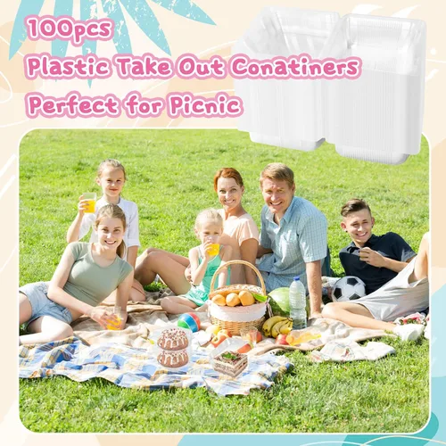 Vista 6 de Haawooky 100 Piezas Recipientes de Comida Cuadrados de Plástico Transparente con Bisagras, Bandeja Desechable tipo Concha para Rebanadas de Pastel