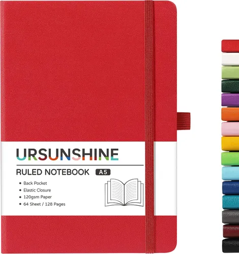 Vista 42 de Cuaderno punteado, diario, 5.3 x 8.26 pulgadas, tapa dura, prémium, papel grueso, doble espiral, bandas, cuero negro sintético, lazo para bolígrafo