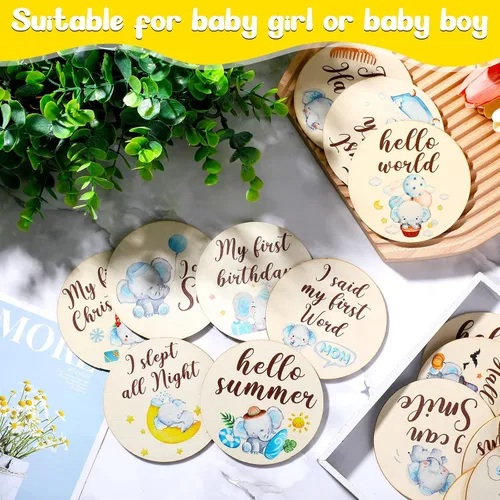 Vista 4 de Tiamon 16 tarjetas mensuales de madera para bebé, discos de marcador de hitos mensuales, círculos de madera de doble cara, letreros de meses