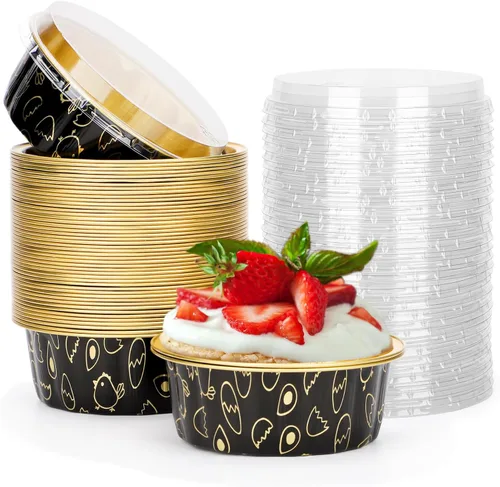 Vista 80 de Beasea Disposable Ramekins with Lids, 50 Pack 8oz 235ml Aluminum Foil Baking Cups with Lids, Aluminum Creme Brulee Ramekins Muffin Cupcake Pudding