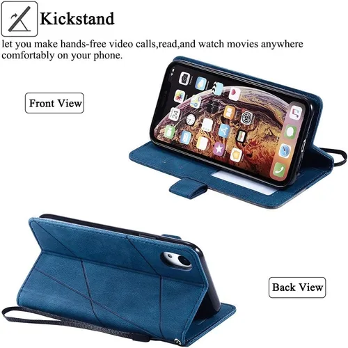 Vista 4 de Funda compatible con iPhone XR y protector de pantalla de vidrio templado, funda de cuero con tapa para tarjeta de crédito, fundas para teléfono