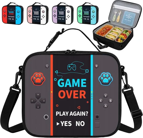 Vista 8 de Lonchera aislada para consola de juegos, para adolescentes, niños, niñas, niños, reutilizable, de gran capacidad, con etiqueta de nombre, correa