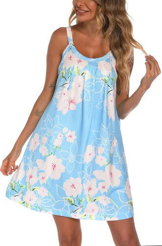 Vista 2 de AVIIER Camisón de algodón suave para mujer, sin mangas, con correa ancha, ropa de dormir completa