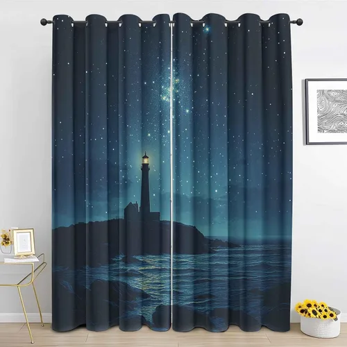 Vista 15 de Cortinas de faro costero de 54 pulgadas de largo, 2 paneles, cortinas opacas con ondas de vela para decoración de dormitorio, sala de estar, Negro