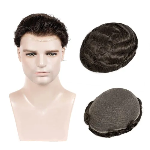 Vista 9 de Amiable Toupee para hombres, cabello humano, encaje francés, sistemas de reemplazo de cabello para hombre, suave blanqueado, frontal, aspecto #1