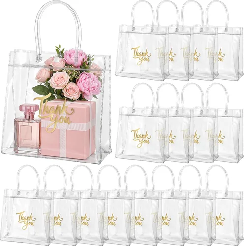 Vista 9 de Leinuosen - 50 bolsas de regalo transparentes con asas de 5.9 x 5.1 x 2.76 pulgadas, bolsas de agradecimiento de PVC transparente, suministros