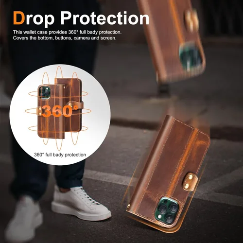 Vista 6 de Funda de cuero compatible con iPhone 16 Pro Wallet de 6.3 pulgadas, protección completa de piel auténtica a prueba de golpes, funda abatible