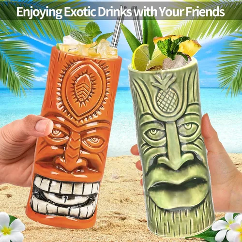 Vista 4 de SuproBarware Tiki - Juego de 2 tazas de cóctel hawaianas grandes con pajitas y posavasos, lindos vasos de cóctel exóticos para fiesta Tiki Bar