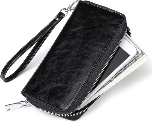 Vista 5 de JEEBURYEE Carteras para mujer RFID bloqueo de cuero cremallera alrededor de la muñeca embrague bolsa de viaje