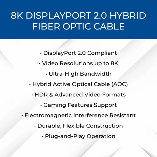 Vista 9 de OREI Cable AOC DisplayPort 2.0 8K de 30 pies - 54 Gbps, 8K a 120 Hz, 4K a