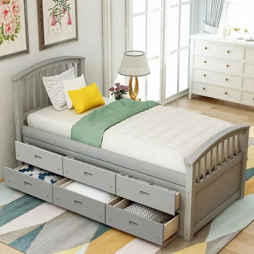 Vista 10 de Cama de almacenamiento de plataforma de tamaño individual, sofá cama de capitán con 6 cajones y base de cama individual con cabecera y estribo
