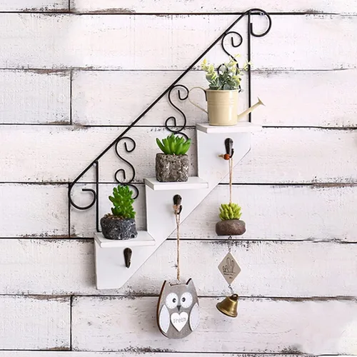 Vista 4 de TITA-DONG Estantes flotantes decorativos montados en la pared de 3 niveles, estantes de pared de madera en forma de escalera, estante colgante