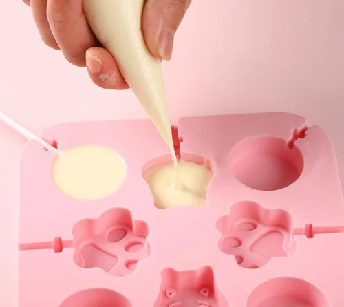 Vista 6 de Juego de moldes de silicona para piruletas con diseño de pata de gato y molde de chocolate hipopótamo con 50 palitos de chupón, bolsas de dulces