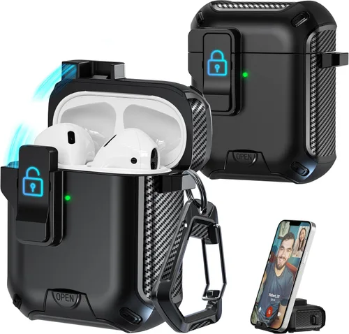 Vista 146 de R-fun Funda de carga compatible con AirPods de 2ª generación 2019, 1ª generación 2016, protección completa contra caídas, tapa desplegable