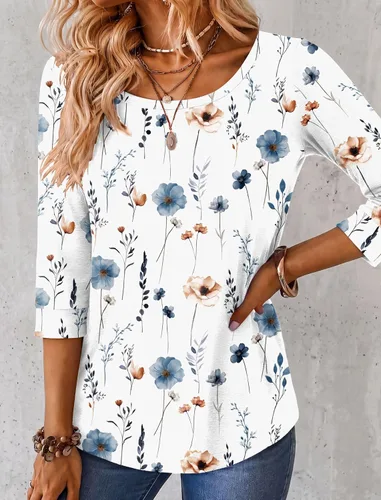Vista 4 de Ekouaer Camisetas básicas casuales de manga 3/4 para mujer, cuello redondo Blanco floral