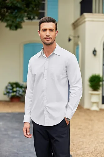 Vista 3 de COOFANDY Camisa de vestir de negocios para hombre, manga larga, ajuste regular, camisa de moda, de algodón, casual, con botones