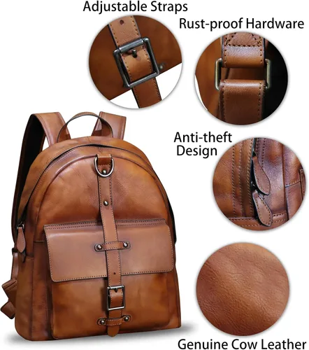 Vista 6 de LRTO Mochila de cuero genuino para mujer, mochila de viaje vintage, casual, mochila universitaria, mochila hecha a mano de piel de vaca (marrón) M