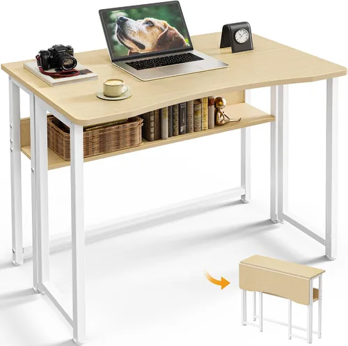 Vista 13 de Huuger Escritorio Plegable con Estante de Almacenamiento, Mesa de Computadora Plegable de 31.5 Pulgadas para Espacios Pequeños, Mesa de Sofá que