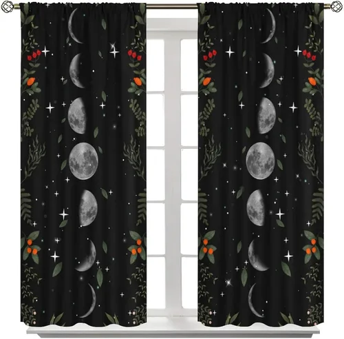 Vista 3 de Cortinas de Ventana Bohemias con Plantas Florales para Dormitorio de Niño y Niña, Cortinas de Ventana Góticas de Jardín Iluminado por la Luna
