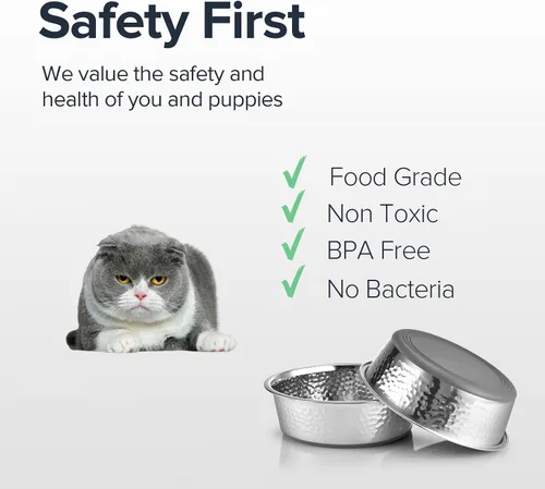 Vista 2 de URBUDDIES Paquete de 2 cuencos de acero inoxidable martillados para gatos, cuencos de metal prémium para gatos con parte inferior de goma