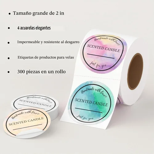 Vista 2 de Mobiusea Creation Rollo de etiquetas para velas Etiquetas impermeables de 2 pulgadas para suministros de fabricación de velas, latas, tarros
