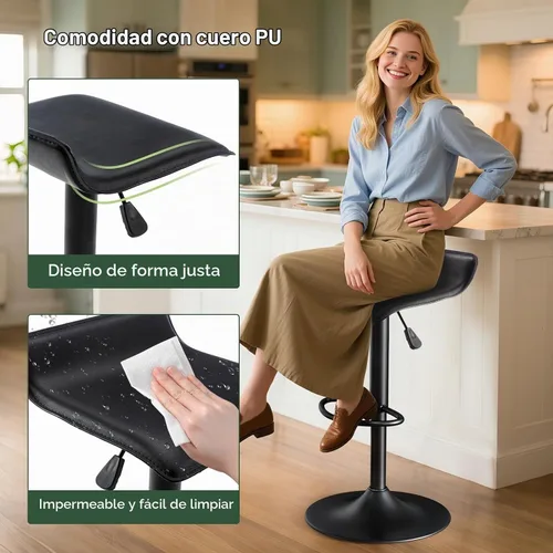 Vista 6 de Vogue Furniture Direct - Juego de 2 taburetes de bar ajustables, taburetes de bar giratorios de cuero sintético con elevación, silla de bar sin