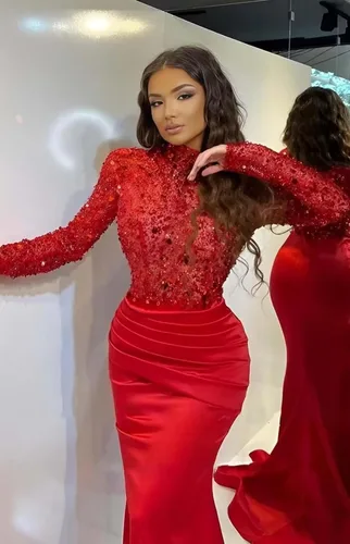 Vista 5 de Vestidos de fiesta de noche con lentejuelas brillantes y cuello alto para mujer, de satén, manga larga, vestidos de fiesta de noche