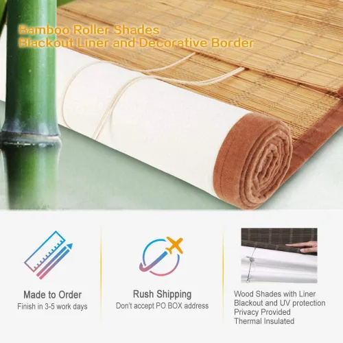 Vista 3 de Persianas opacas de bambú sin cordones, ancho máximo de 94 pulgadas, persianas enrollables de madera extra grandes con forro de tela, persianas