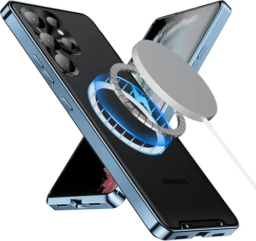 Vista 17 de Funda de metal para Galaxy S23 compatible con MagSafe Wireless Chager a prueba de golpes, bloqueo de seguridad de parachoques de metal esmerilado
