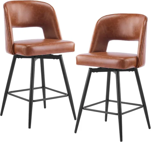 Vista 10 de Juego de 2 taburetes de bar modernos, taburetes de bar giratorios de poliuretano con respaldo abierto y patas de metal, sillas de bar tapizadas
