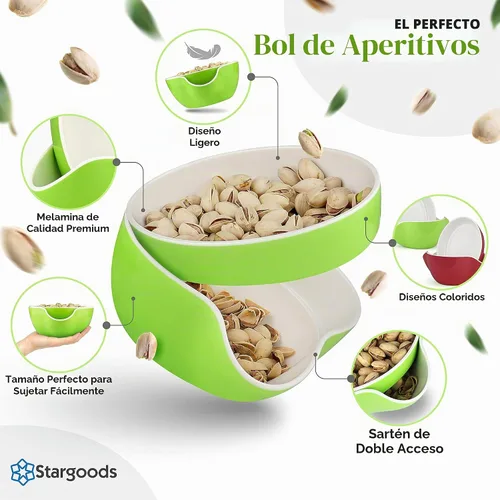 Vista 2 de Stargoods – Cuenco de Pistacho, Plato para Aperitivos, Tazón Doble para Maní con Almacenamiento para Cáscaras de Nueces y Caramelos, Verde