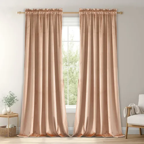 Vista 80 de JIUZHEN Cortinas de terciopelo beige de 63 pulgadas de ancho x 63 pulgadas de largo, cortinas de terciopelo retro suaves con bolsillo para barra