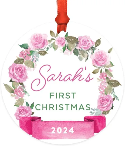 Vista 18 de Andaz Press Adorno de Navidad de madera grabado con láser para aniversario de boda, 1 año juntos, Navidad 2025, pancarta de flores rosas, 1 paquete