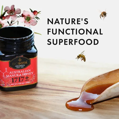 Vista 3 de BIOSOTA Miel de Manuka orgánica MGO 1717+ - Miel de Manuka de grado médico de Australia NPA/ULF 31+, miel pura 100% cruda sin calentar, 8.8 onzas