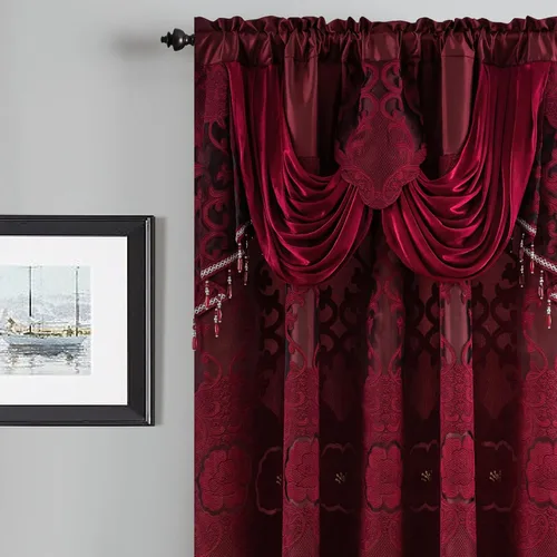 Vista 2 de Petrichor Cortinas de gasa jacquard transparente borgoña (54 pulgadas de ancho x 63 pulgadas de largo), 2 paneles con cenefa adjunta, diseño floral