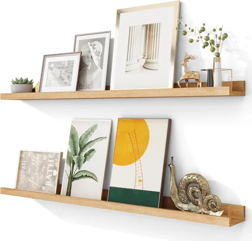 Vista 53 de FLYJOE Estante de repisa de fotos para pared, 24 pulgadas de madera de fresno maciza, estantes para libros de guardería, estantes flotantes
