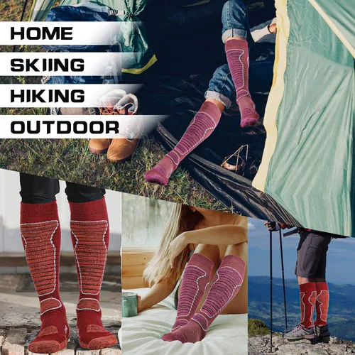 Vista 5 de Calcetines de esquí de lana merino para hombre y mujer, 2 pares para esquí, snowboard, térmicos hasta la rodilla, calcetines de rendimiento