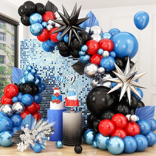 Vista 14 de Kit de arco de globos azul marino y negro, guirnalda de globos con globos de papel de aluminio metálico plateado blanco oscuro globos de látex