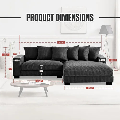 Vista 2 de Container Furniture Direct Luxe - Sofá modular de dos piezas de gran tamaño para sala de estar, sofá en forma de L de 102.4 pulgadas con diván, Negro