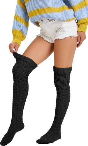 Vista 4 de YELAIVP Slouch - Calcetines altos de punto trenzado para mujer, por encima de la rodilla, botas extralargas, calentadores de piernas