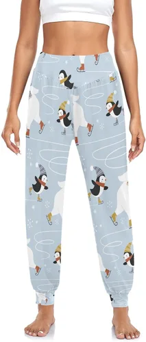 Vista 3 de Pantalones de pingüinos de osos polares de Navidad para mujer, pantalones deportivos de cintura alta, pantalones de harén cómodos para correr
