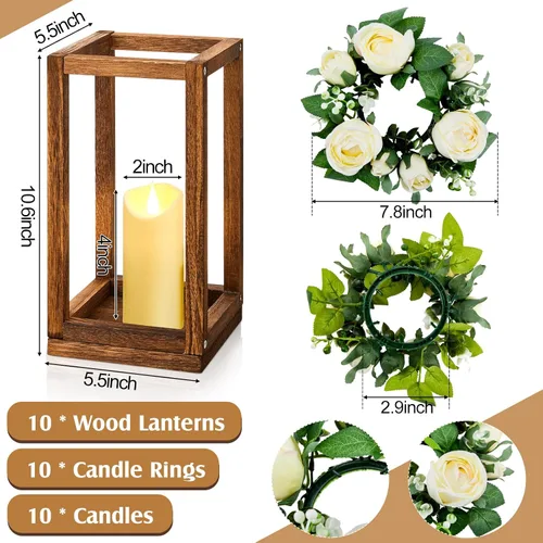 Vista 2 de Sabary 30 linternas de eucalipto para boda, centro de mesa, incluye portavelas de madera, sin pilas, velas, coronas de rosas para decoración de mesa