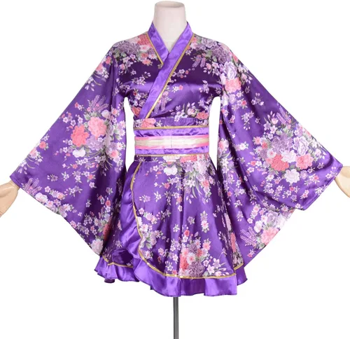 Vista 2 de Wraith of East Kimono Disfraz adulto japonés Geisha Yukata Floral Patten vestido de flor albornoz ropa de dormir con cinturón Obi