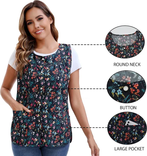 Vista 4 de Nanxson Delantal de cobbler para mujer, bata de algodón con 2 bolsillos de parche, delantal impreso con botones para el trabajo, cocina de chef