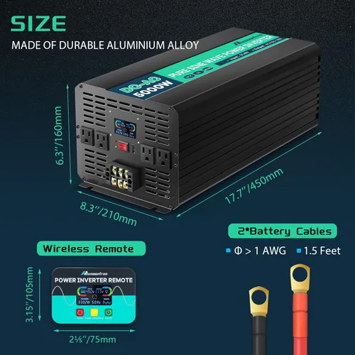 Vista 6 de 5000W 48V Inversor de Potencia de Onda Senoidal Pura 48V CC a 110V CA con Control Remoto Inalámbrico Pantalla LCD 4 Tomas de CA, 1 USB y Bloques