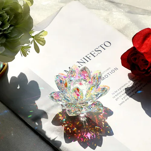Vista 2 de OwnMy Figuras de flor de loto de cristal brillante de 3 pulgadas, adorno decorativo de flor de loto, decoración de loto Feng Shui, pisapapeles
